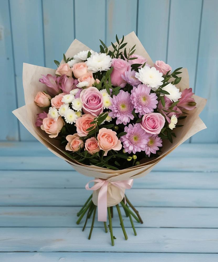 Букет цветов из: Хризантемы, Розы и Альстромерии в Дубровки