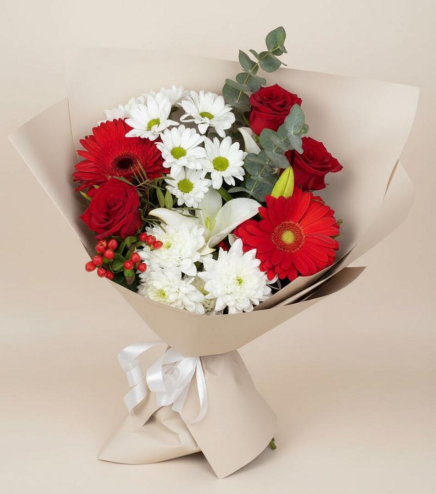 Букет цветов из: Розы, Хризантемы, Герберы и Лилии в Дубровки