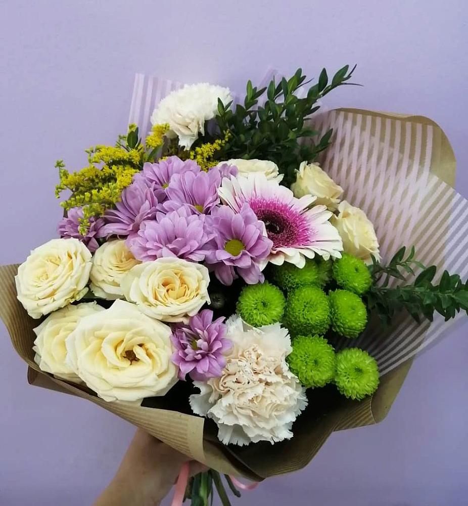 Букет цветов из: Хризантемы, Розы, Гвоздики и Герберы в Дубровки