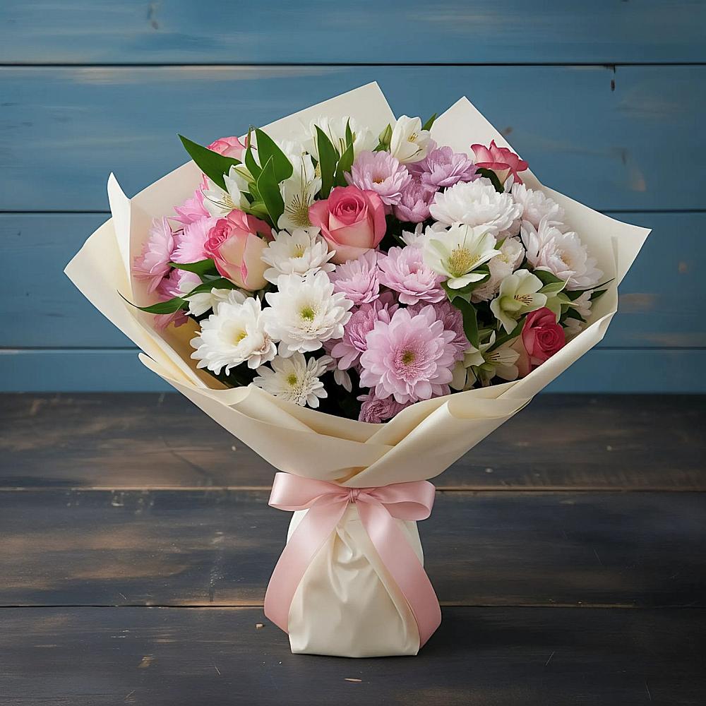 Букет цветов из: Хризантемы, Альстромерии и Розы в Дубровки